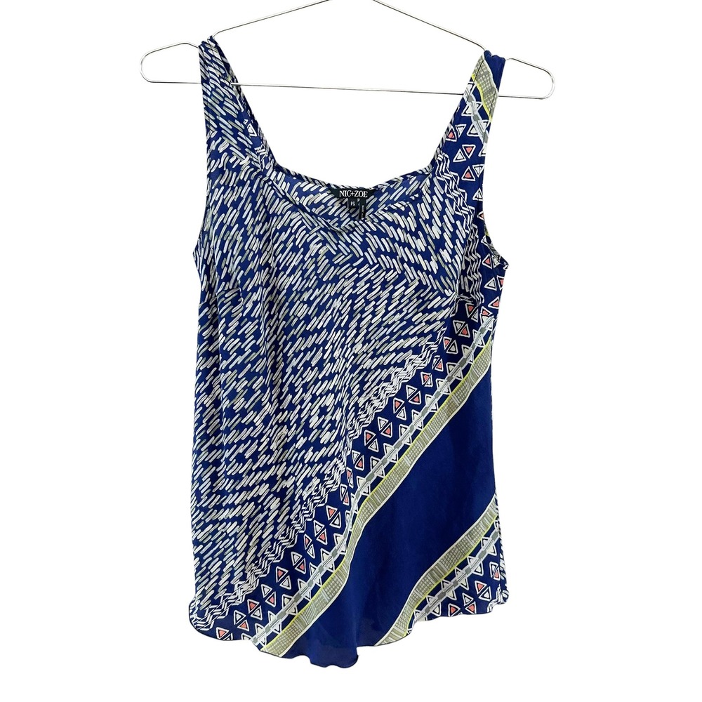 NIC + ZOE 100% Silk Geo Print Tank Blouse • Small Petite • blue yellow boho chic